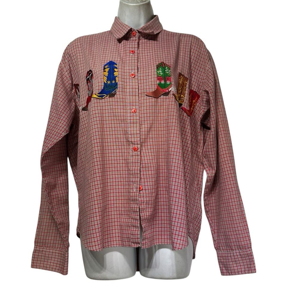 Vintage croquet plaid cowboy boot embroidered button up long sleeve shirt Size L